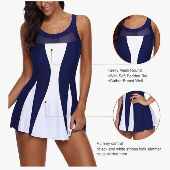 Women's Navy & White Color Block Tummy Control Swim Dress Swimsuit One Piece - Picture 8 of 9